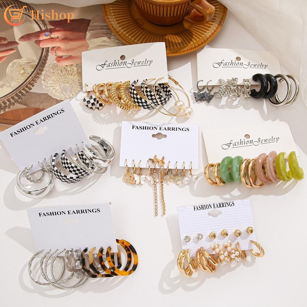 IF ME Fashion Resin   Earrings Set Checkerboard Heart Crystal Butterfly  Earring Women Jewelry Accessories