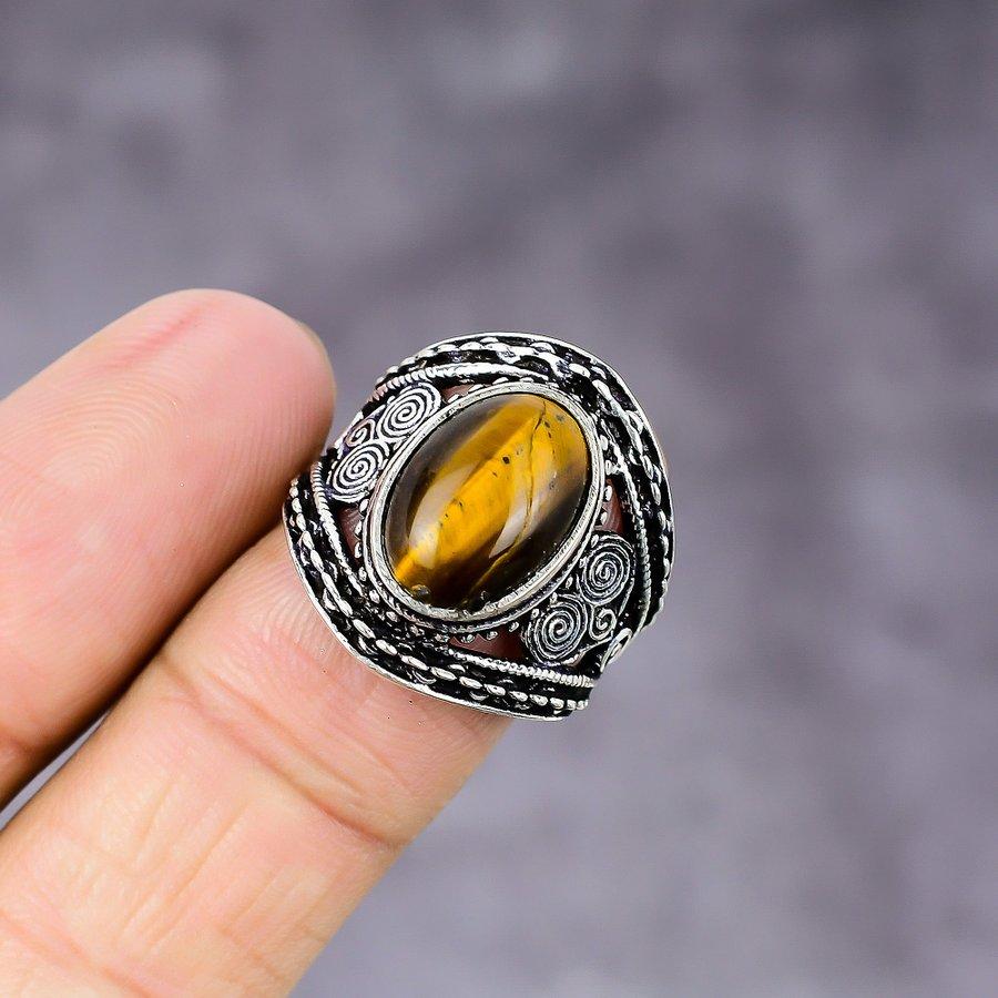 Кольцо из серебра 925 пробы с натуральным тигровым глазом, размер 8,5 P4t57
