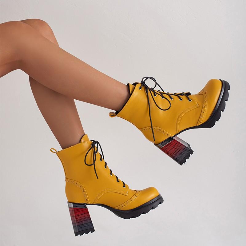 Большие размеры 43 44 Черный Желтый Дизайн Мода Осень Зима Винтаж Броги Платформа Шнуровка Мотоциклетные Ботильоны Принт Каблуки Новые