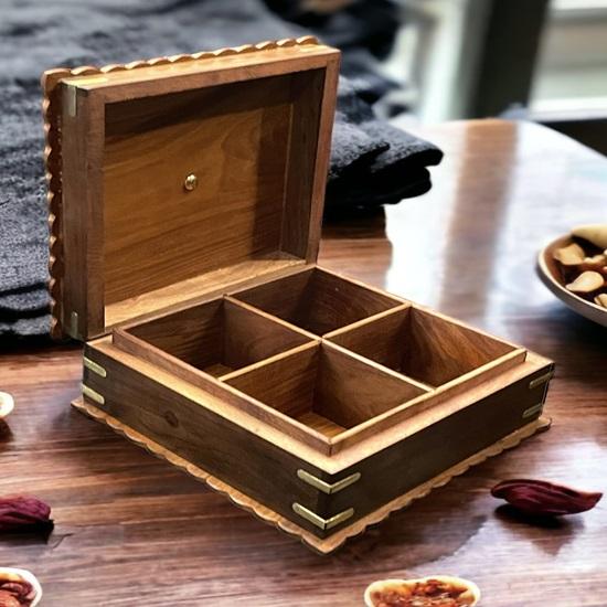 Коробка для сухофруктов из шишама и тикового дерева, 22 см, 4 перегородки, ручная работа, ручная резьба, резная крышка, стеклянная крышка, квадратная форма