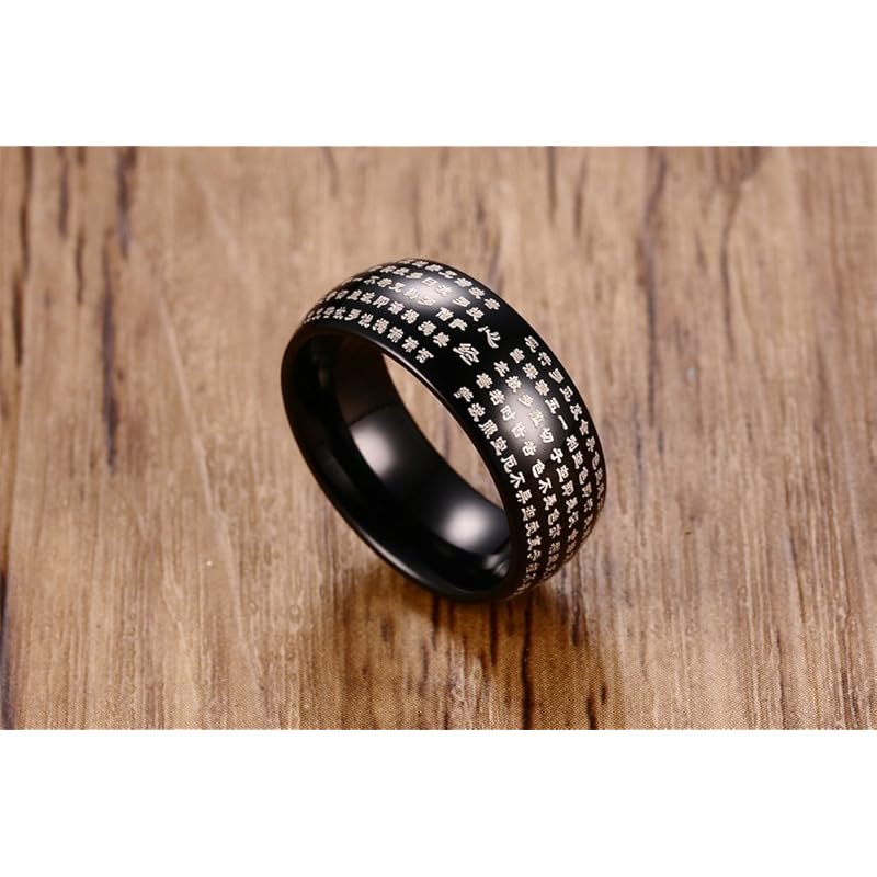 [Rockyu] Heart Sutra men's ring black black titanium Engraving sutra Buddhist sutras ring good luck amulet ring Komaru finishing Elegant elderly