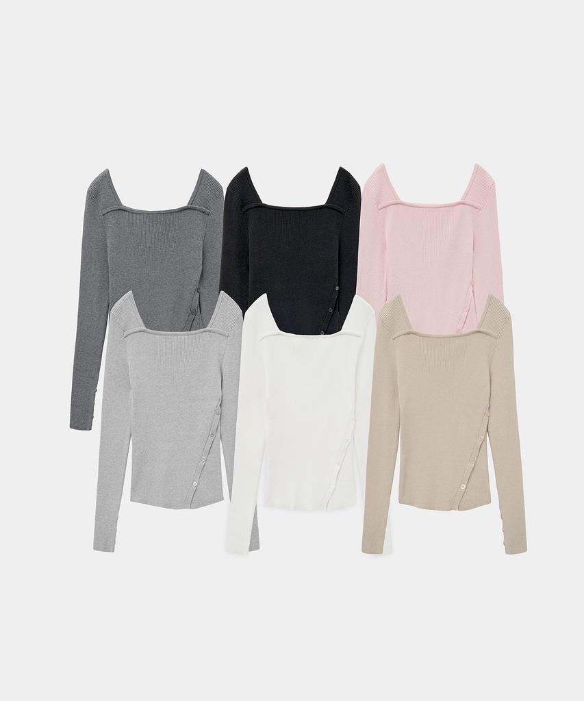 MONGDOL Square Neck Layered Diagonal Button Ribbed Knit Top Mdkt123_6 Colors