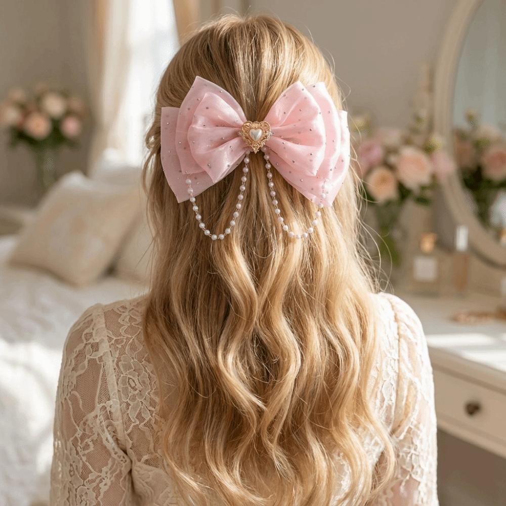 Heart Tulle Bow Hair Clips Rhinestone Princess Barrettes Gift for Friends Duckbill Clips Party