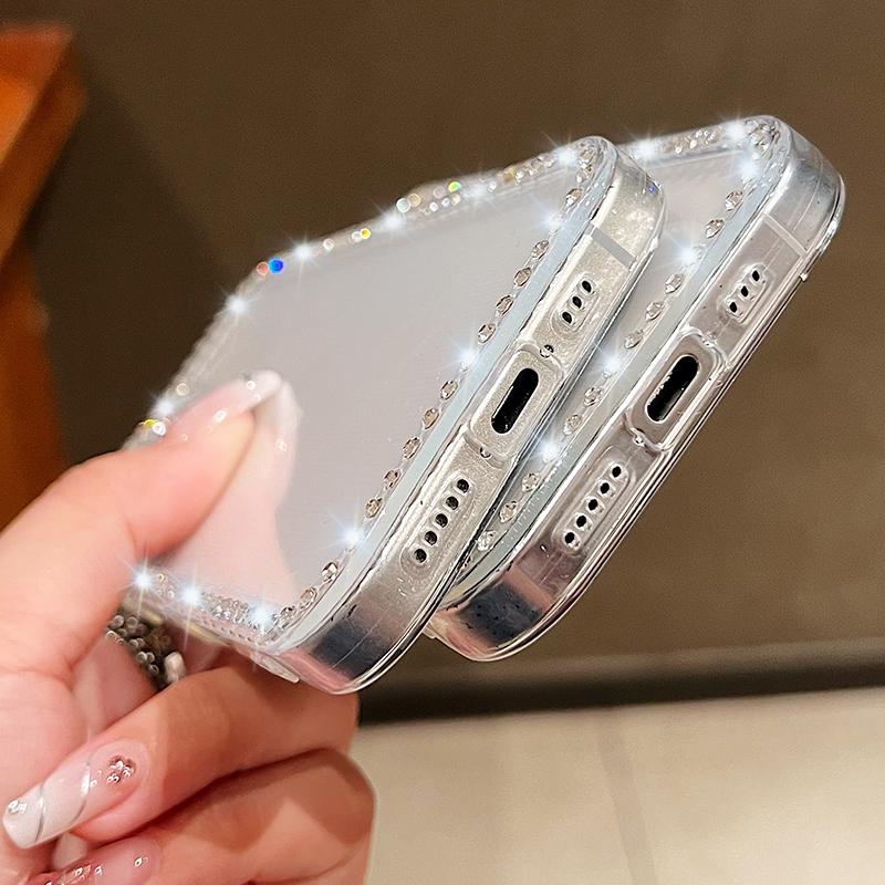 Bowknot Pattern Clear Silicone Phone Case For iPhone 16E 16 Pro Max 15 Pro 14 13 12 11 Diamond Frame Shockproof Soft Bumper Cover