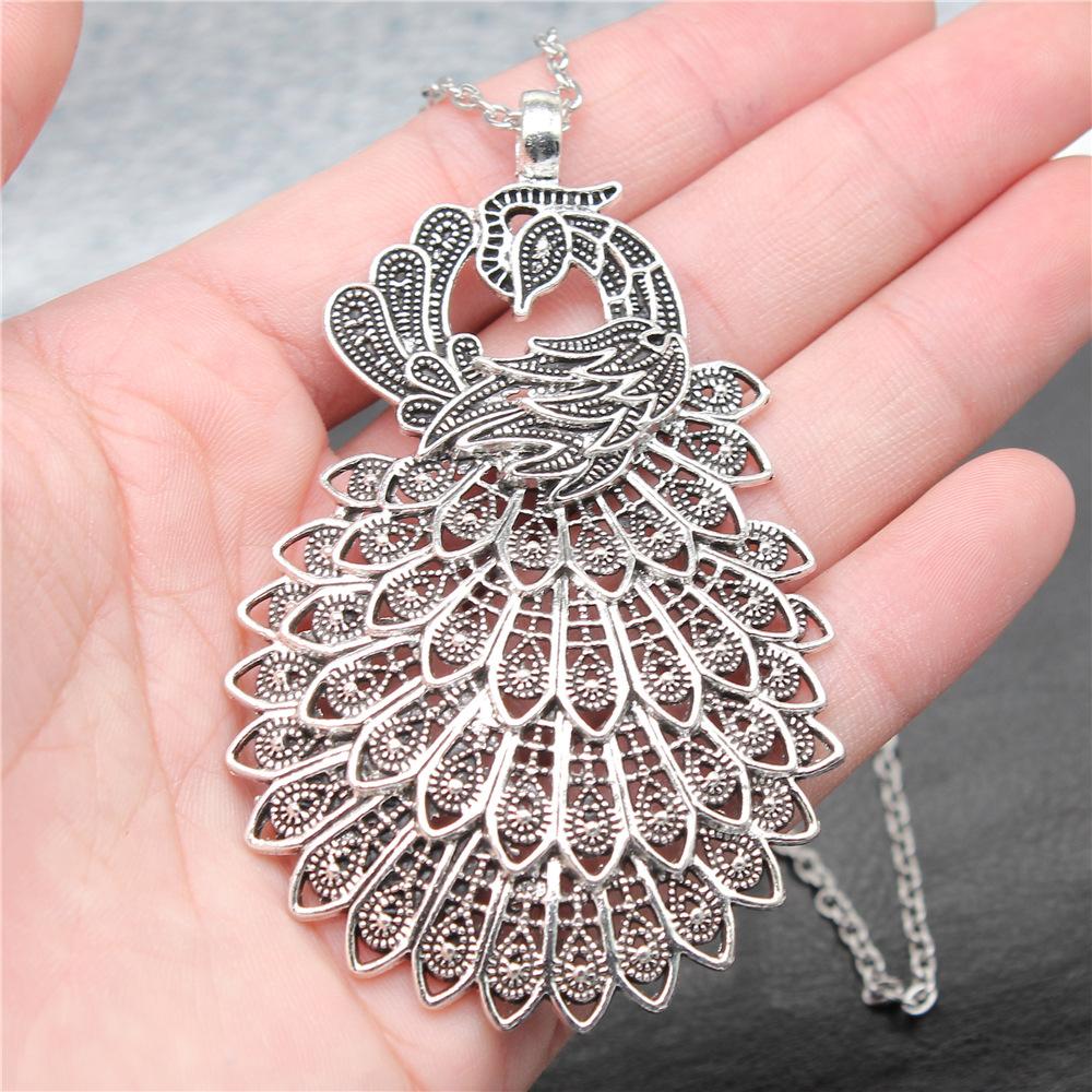 Dropshipping Antique Silver Plated 86x53mm Big Peacock Pendant Necklace For Women Men Long Chain Trendy Jewelry Accessories