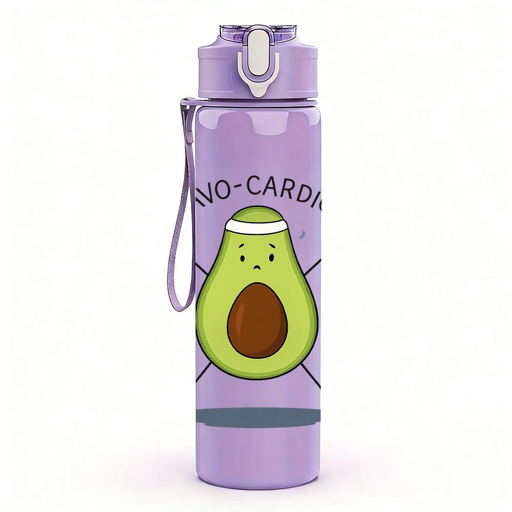 1PC Fitness Avocado Cartoon Print 750ml Color Plastic Sports Water Bottle Leakproof Flip Straw Lid Suitable for Sports Office Home Use