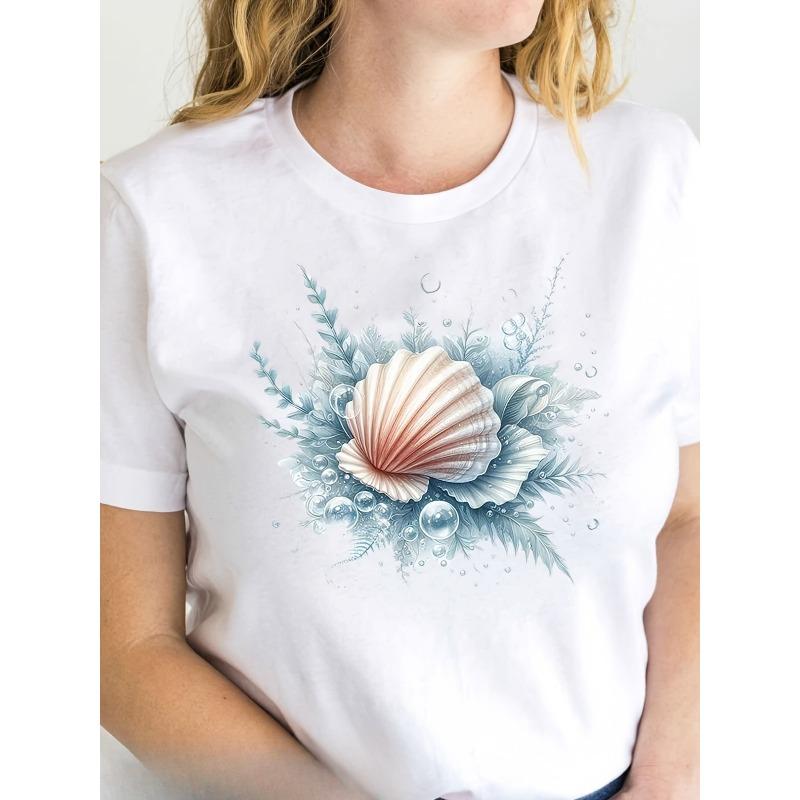 European sizes Women's Seashell & Floral Print T-Shirt - Black with Blue & Pink Accents, Short Sleeve Crew Neck Casual Top for Spring & Summer
