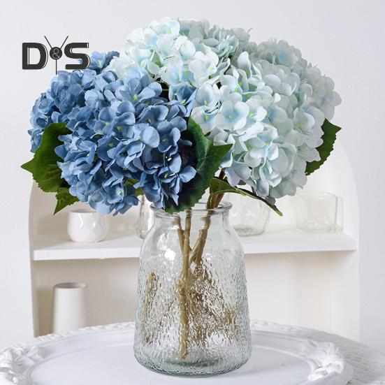 Artificial Hydrangea with Green Leaves Stem Realistic Fake Flower Wedding Home Office Table Centerpiece Faux Floral Branch Flower Arrangement