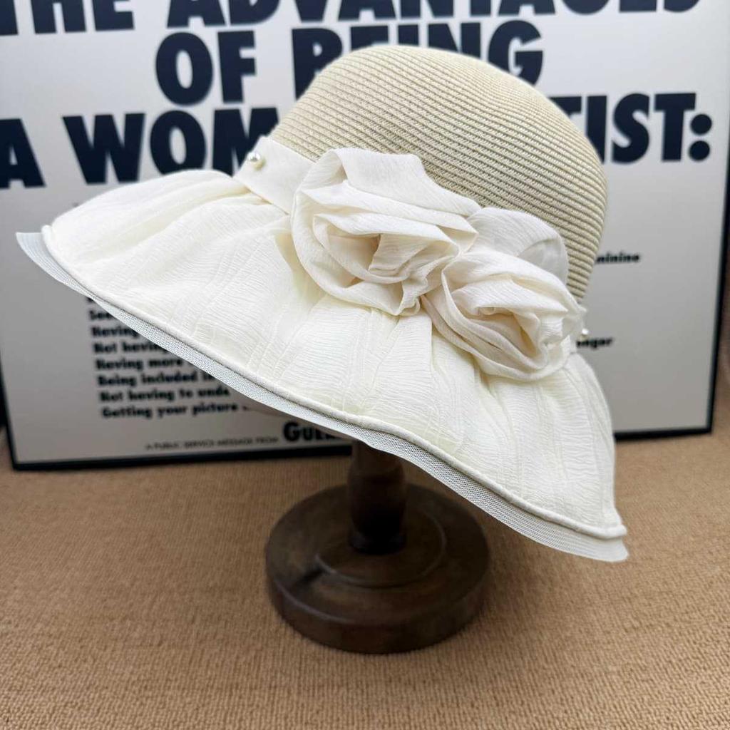 Summer French retro straw hat big brim sun hat women's double rose pearl sun protection bucket hat travel sun hat