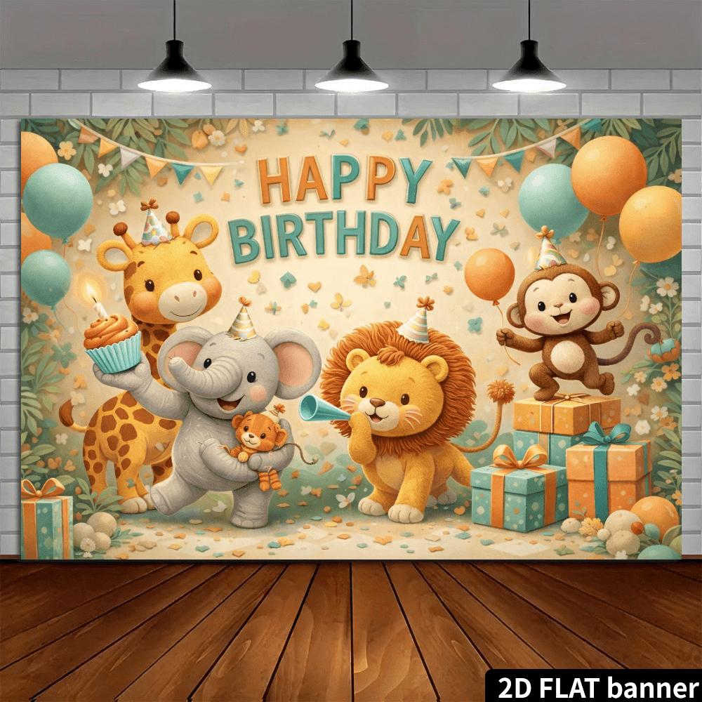 2D Flat Banner, Jungle Animal Birthday Backdrop, Giraffe, Elephant, Lion, Monkey, Colorful Balloons, Gift Boxes, Greenery, Polyester