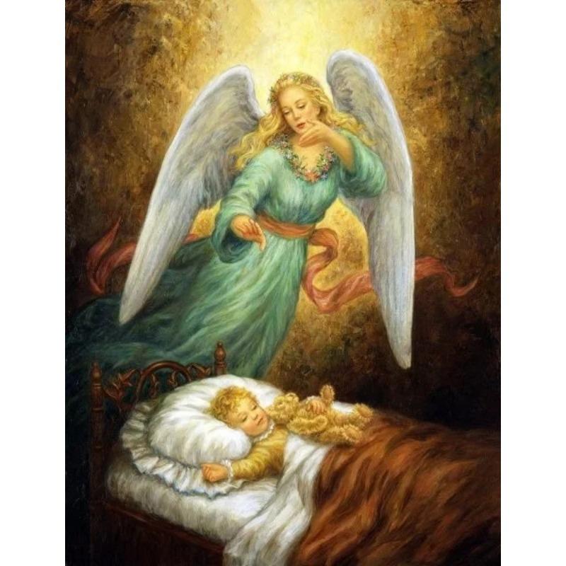 Vintage Guardian Angel Canvas Printmaking Gallery Decoration Angel Mom and Children Living Room Home Canvas Painting Wall Art