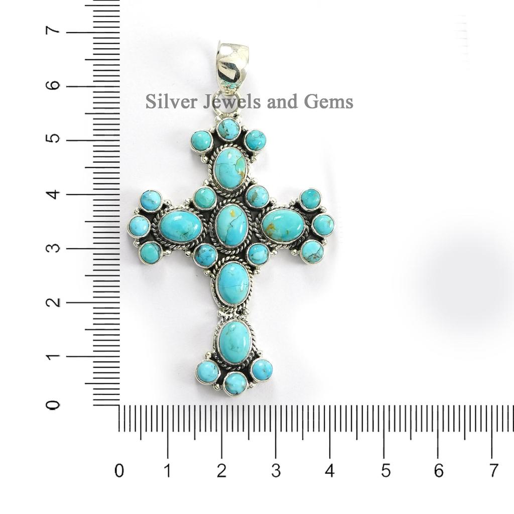 Turquoise Cross Pendant ,Blue Kingman Turquoise Multi Stone Pendant, Wedding Pendant, 925 Sterling Silver Pendant, Gemstone Pendant