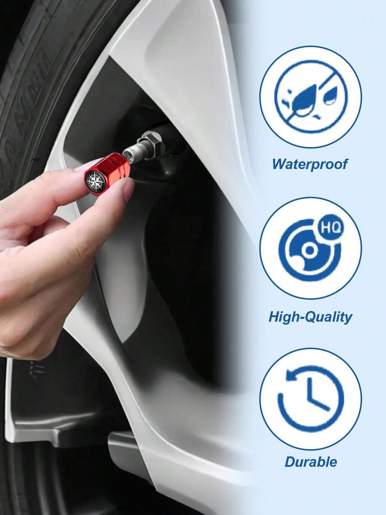 4Pcs Compass Aluminum Alloy Valve Caps, Hex Leak-Proof Tire Valve Covers, Stylish Wheel Hub Accessories
