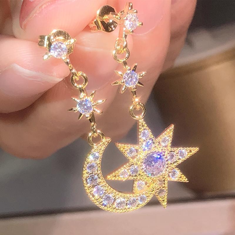 Серьги из стерлингового серебра 925 пробы, простой изысканный дизайн, белые цирконы, серьги-звезды и луны, французский стиль, для вечеринок, свиданий, ювелирный подарок
