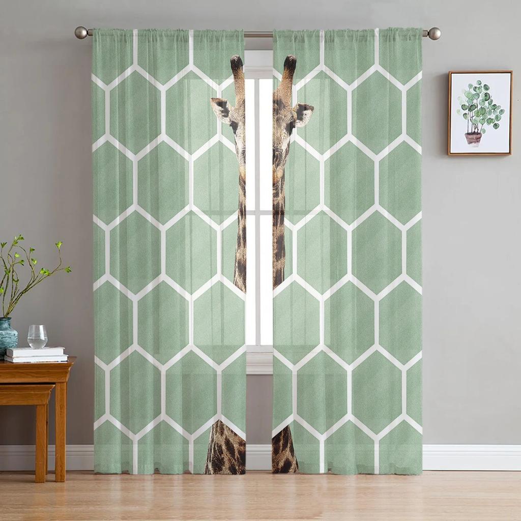 Giraffe Animal Oil Painting Tulle Curtains Balcony Room Fashion Printed Sheer Curtain Living Room Window Modern Decor