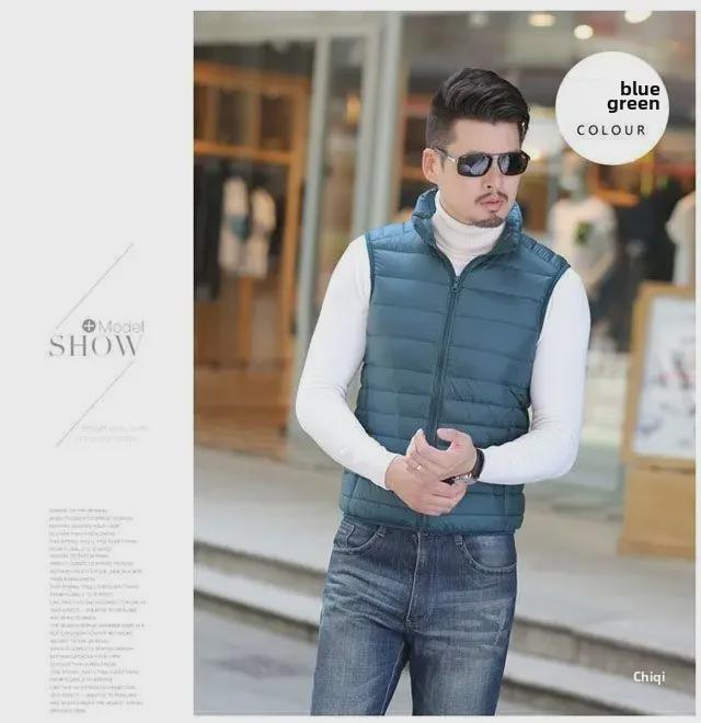 Men's Lightweight Down Cotton Vest Jacket - Large, Warm, Fashionable Stand-Up Collar