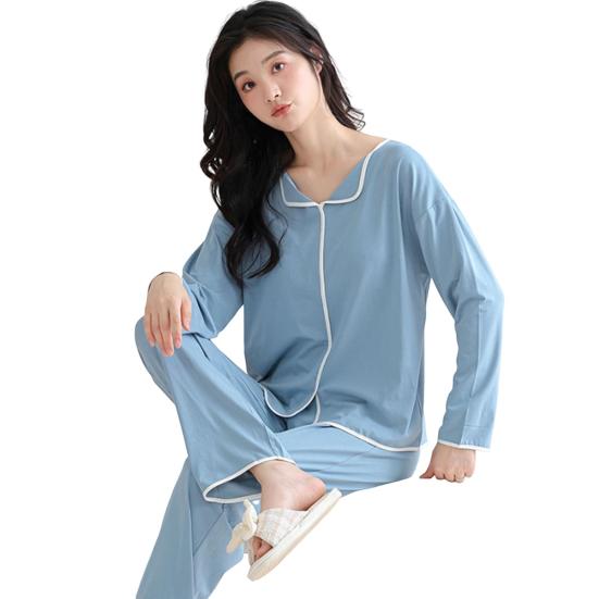 2 Pcs/Set Women Pajamas Suit with Chest Pads Long Sleeves Loose Solid