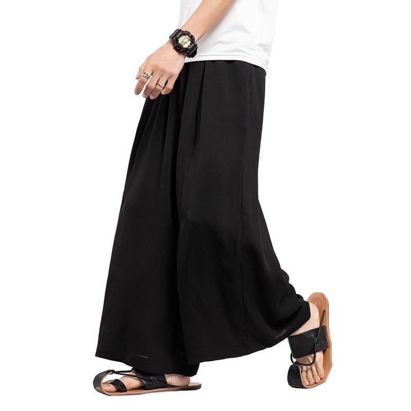 Men's Ice Silk Retro Chinese Style Drape Nine-Point Wide-Leg Pants