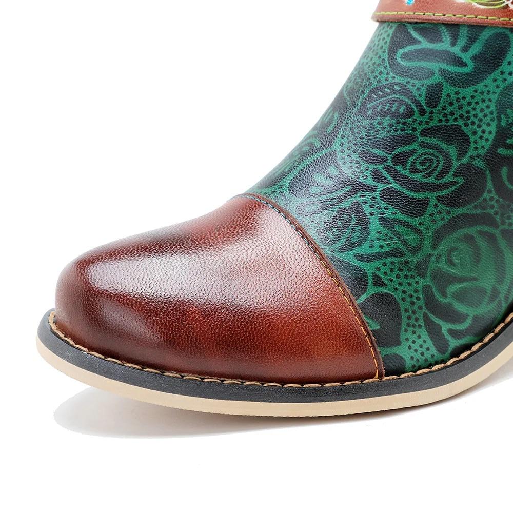 Johnature Удобные женские ботинки до середины икры на толстом каблуке ручной работы с цветным принтом и цветочным ремнем с пряжкой