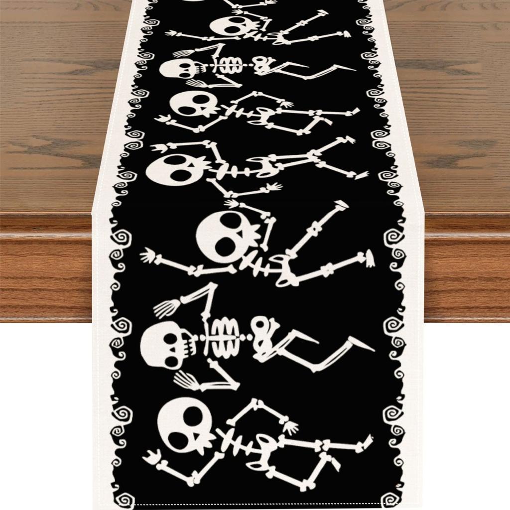 1pc Black Halloween Table Runner Skeleton Printed Table Runner Waterproof Durable Tablecloth for Halloween Home Party Decoration