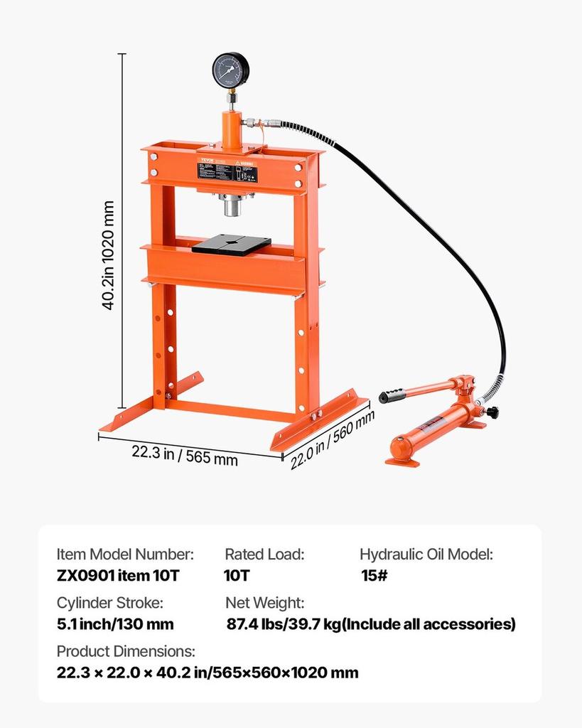 10 T Hydraulic Shop Press Hydraulic Press with Press Plate for Bending