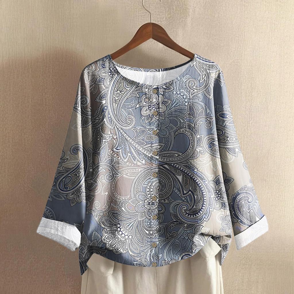 Женский повседневный топ с длинным рукавом и круглым вырезом, из хлопка и льна, с принтом в стиле ретро с градиентом