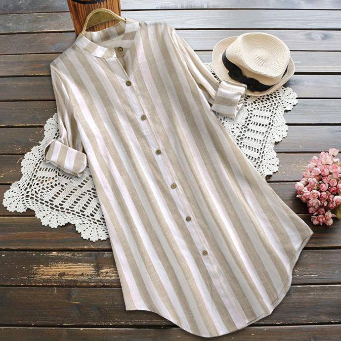 Spring Women's Fashion Striped Long-sleeved Women's Shirt Casual Plus Size Cotton and Linen Women's Shirt