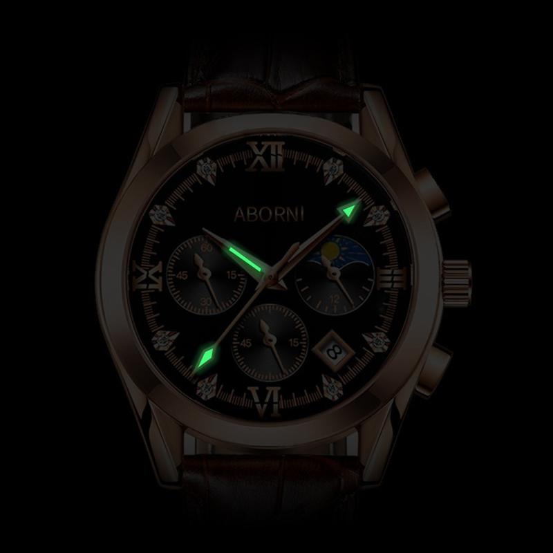 ABORNI Роскошные мужские наручные часы с хронографом, водонепроницаемые, светящиеся, мужские часы из кожи, высококачественные спортивные кварцевые часы для мужчин