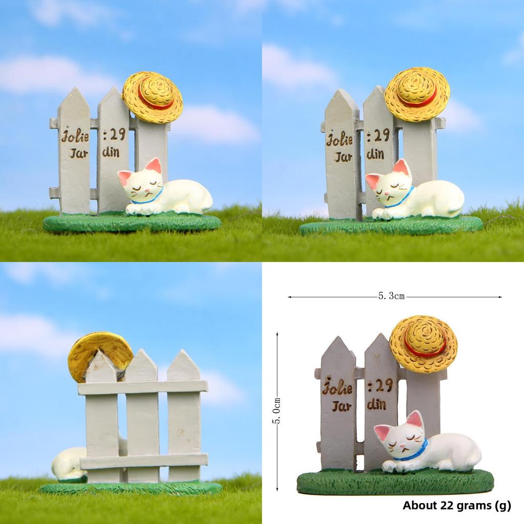Cat Fence Resin And Hat With Moss Grass Decor For Photo Shoots Giving Gift