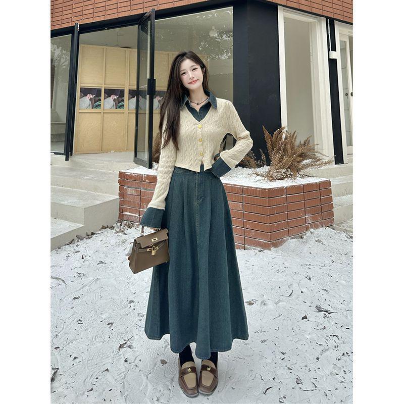 Женский шикарный джинсовый пэчворк комплект: Вязаный топ с длинным рукавом и миди-юбка с высокой талией