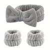 3 Pcs/set Fluffy Hairband Wristband, Solid Color Elastic Absorbent Bow Decor Headband Wristband For Washing Face & Makeup