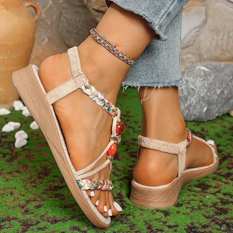 Fashion Fashion Beaded Bohemian Sandals for Women 2025 Summer Printing Braided Slip On Rome Shoes Woman Outdoor Non Slip Beach Sandalias