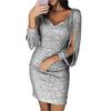 Party Women Glitter V Neck Hollow Out Tassel Long Sleeve Bodycon Mini Dress Gown