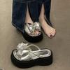 Bow Thick Bottom Heightening Slippers Women's Summer Wear Fashion Fairy Style 2025 New One Word Internet Celebrity Sandals