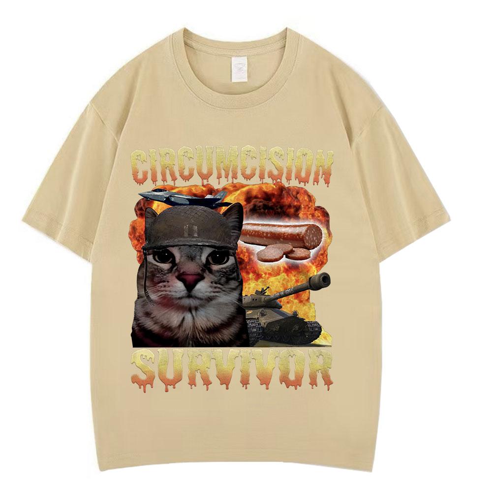 Circumcision Survivor Funny Cat Meme T Shirts Unisex Unisex Vintage Tshirt Loose Casual Cotton Short Sleeve Oversized Tshirts