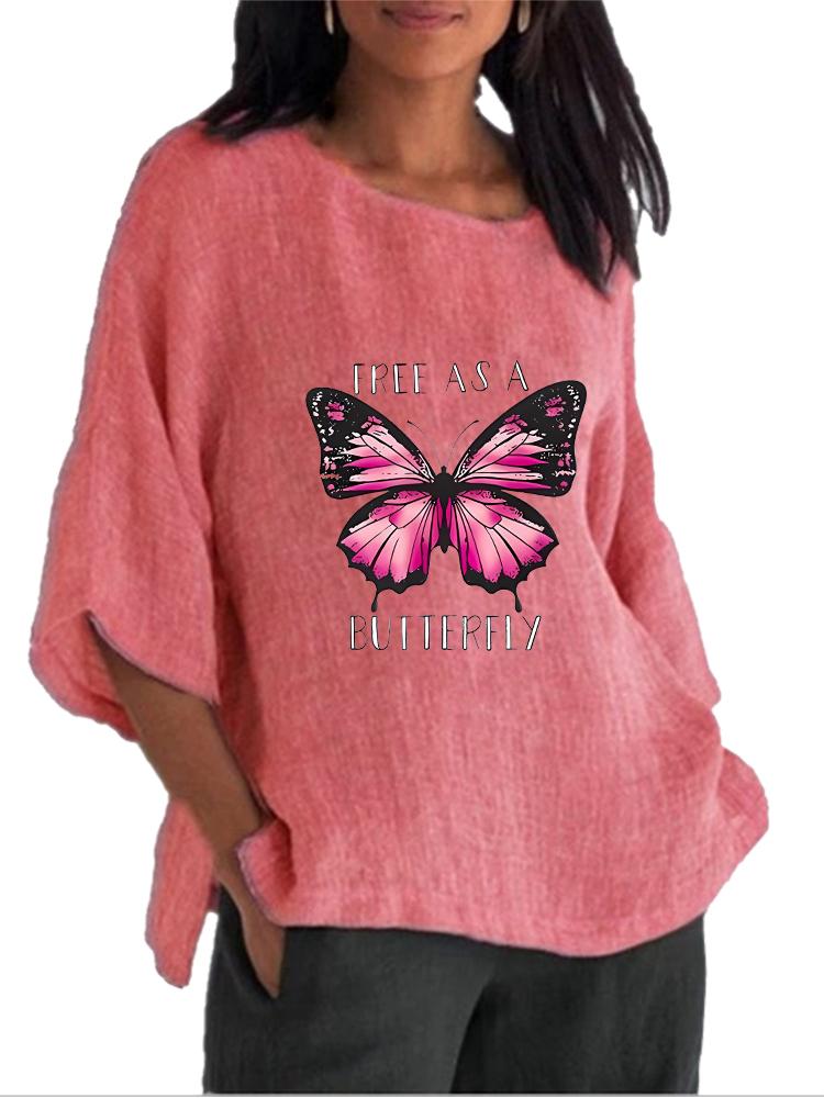 Women Fashion O Neck Print Shirt Spring&summer 3/4 Long Sleeved Top Ladies Cotton Linen Blouse