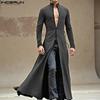 Men Autumn Stand Neck Long Sleeve Buttons Striped High Splits Long Cardigan Coats