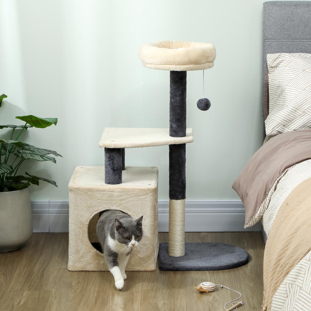 Cat Scratching Tree 92 cm Tall with House, Bed, Sisal Posts and Ball, Cream White