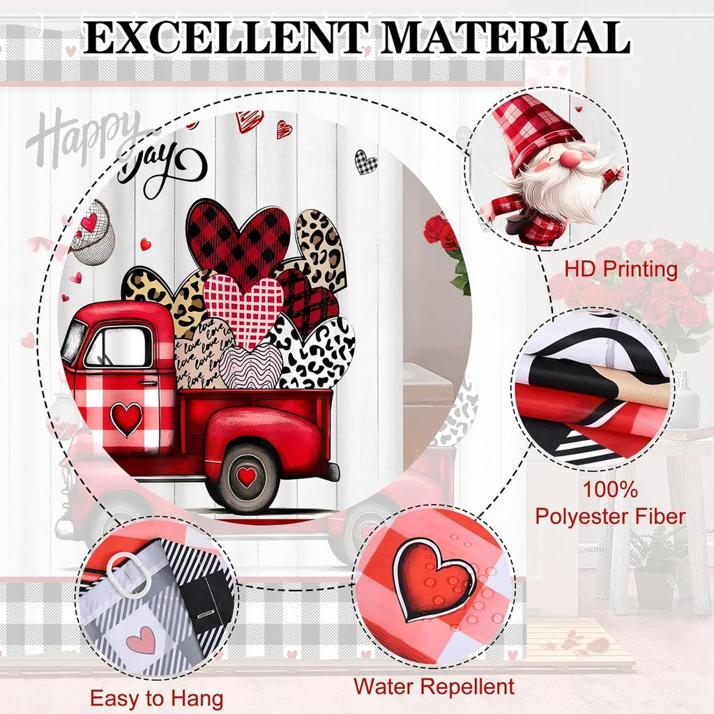 Likiyol Valentines Day Shower Curtain Sets with Rugs, Red Truck Gnome Valentines Bathroom Sets with Shower Curtain and Rugs, Buffalo Plaid Love Heart