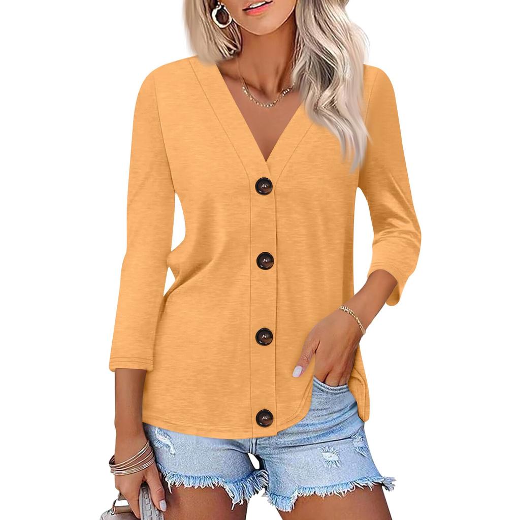 Women's Fashion Casual Print Button-down Shirt 3/4 Long Sleeve Tops