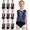 Girls Dance Gymnastics Performance Costume Round Neck Sleeveless Crisscross Back Shiny Rhinestones Color Block Metallic Leotard