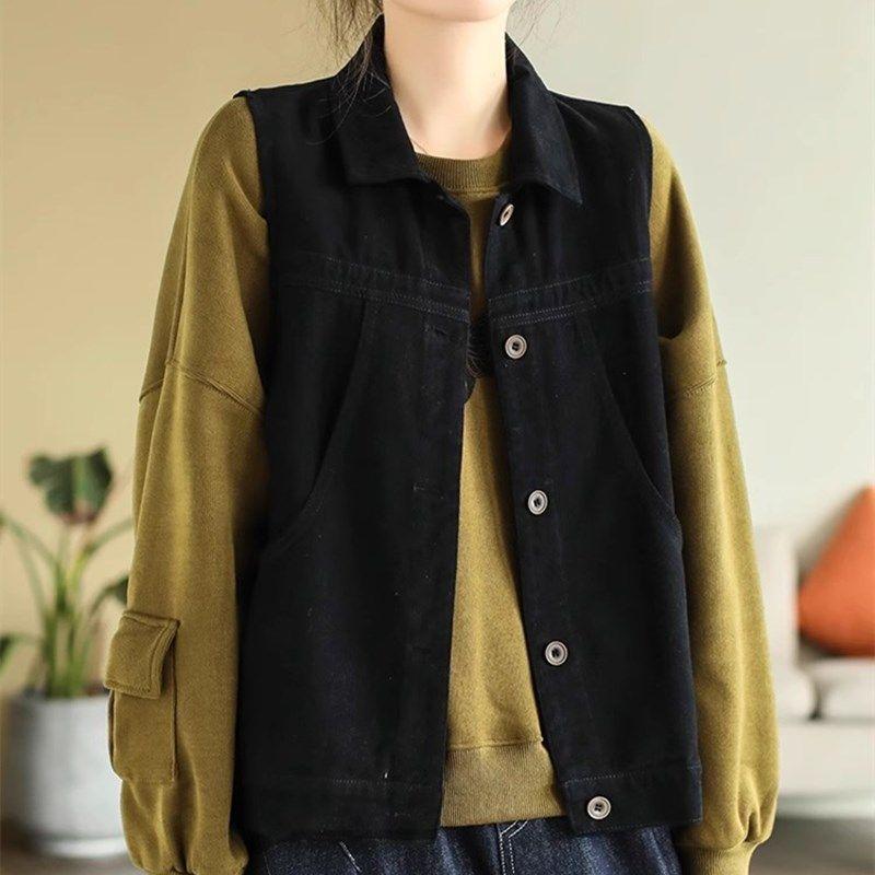 Ретро Рабочий Женский Новый Стиль Стежка Пуговица Карман Мода Однотонный Повседневный Нагрудный Жилет с Отложным Воротником