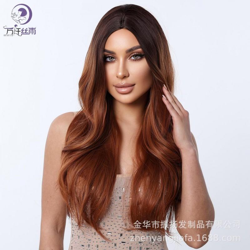 26 Inch Ombre Brown Long Wavy Synthetic Wig With Middle Part Women Heat Resistant Fiber Full Cap Design