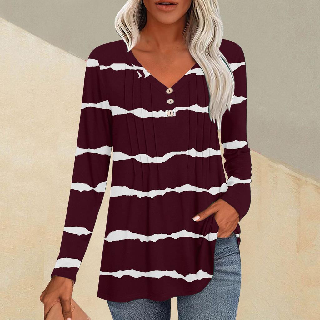 Women's Fashion Casual Pleated V-Neck Striped Printed Long Sleeve T-Shirt Top