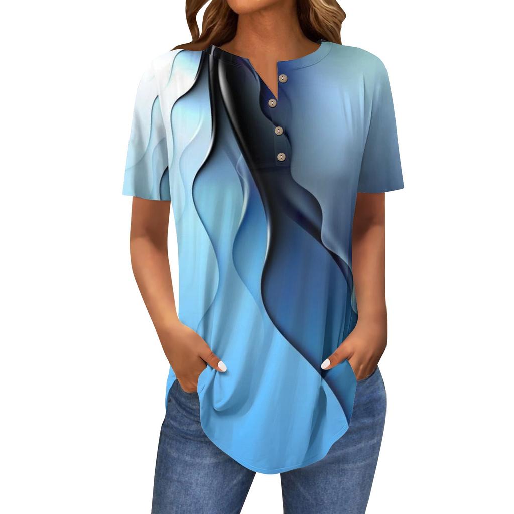 Women's Fashion Loose Button Collar Print Short Sleeve T-Shirt Tops Pullover