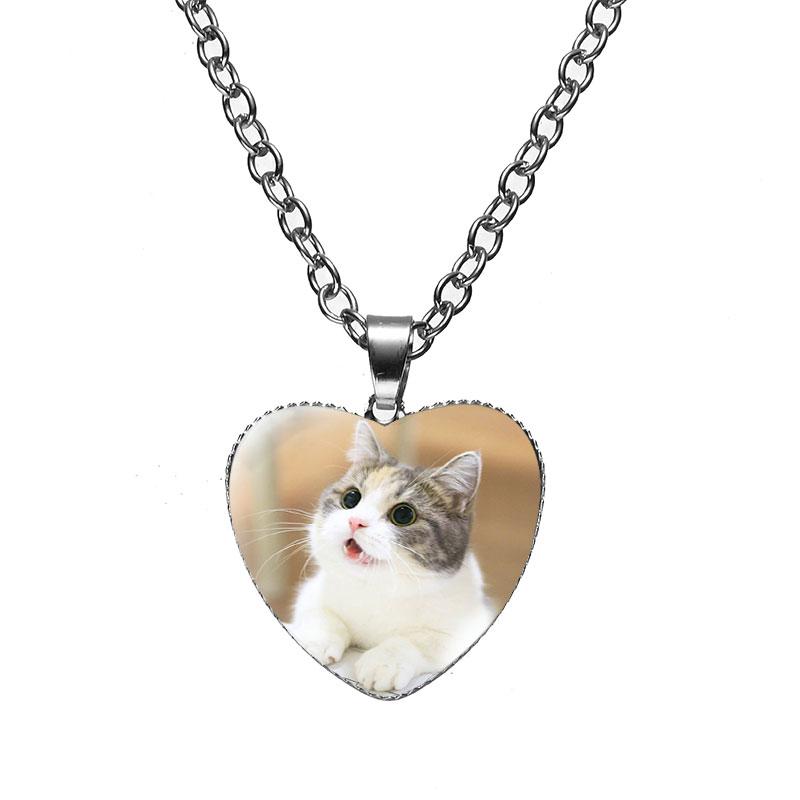 Женская мода милый питомец котенок стеклянный кабошон сердце форма ожерелье кулон ожерелье ювелирные изделия аксессуары подарки