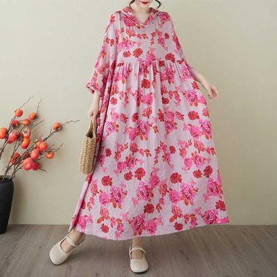 Женское хлопково-конопляное платье с капюшоном из парчи «Нежный ветер и облако» с принтом