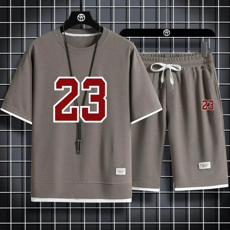 Мужской комплект из шорт с вафельным принтом, 2 шт. свободного кроя, спортивный костюм, стиль Харадзюку, летняя мода