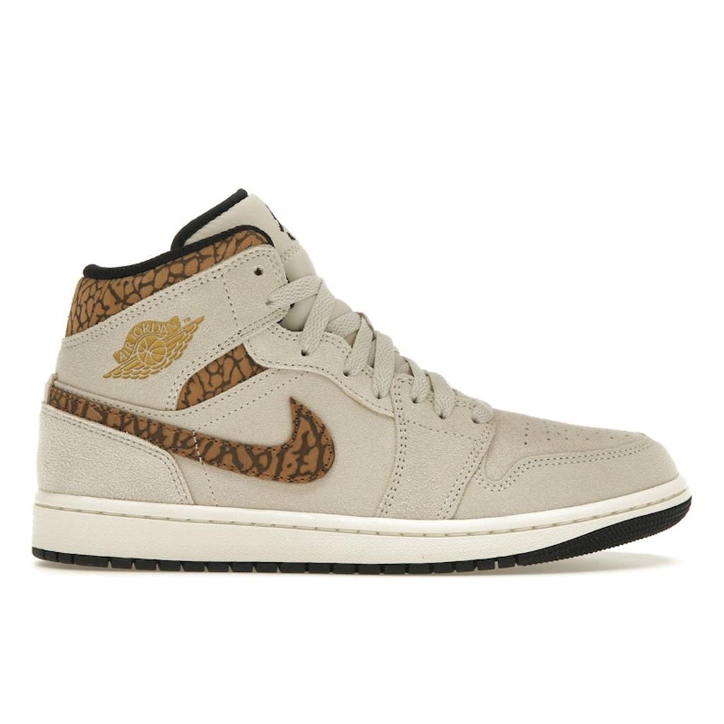 Air Jordan 1 Mid SE Brown Elephant Men Sneakers Light-Orewood-Brown Metallic-Gold White DZ4129-102