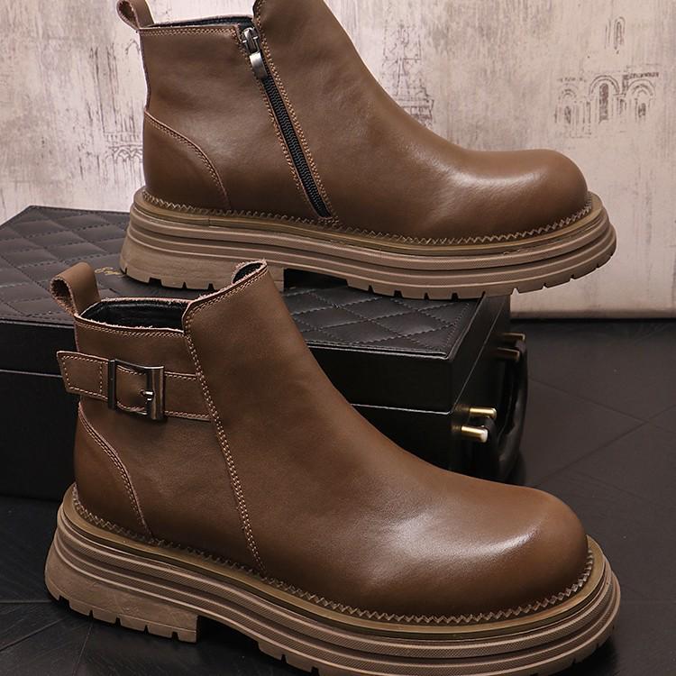 Men's Chelsea Leather Slip-On Boots - High-Top, British Style, with Inner Height Increase and Martin Boot Warmth.